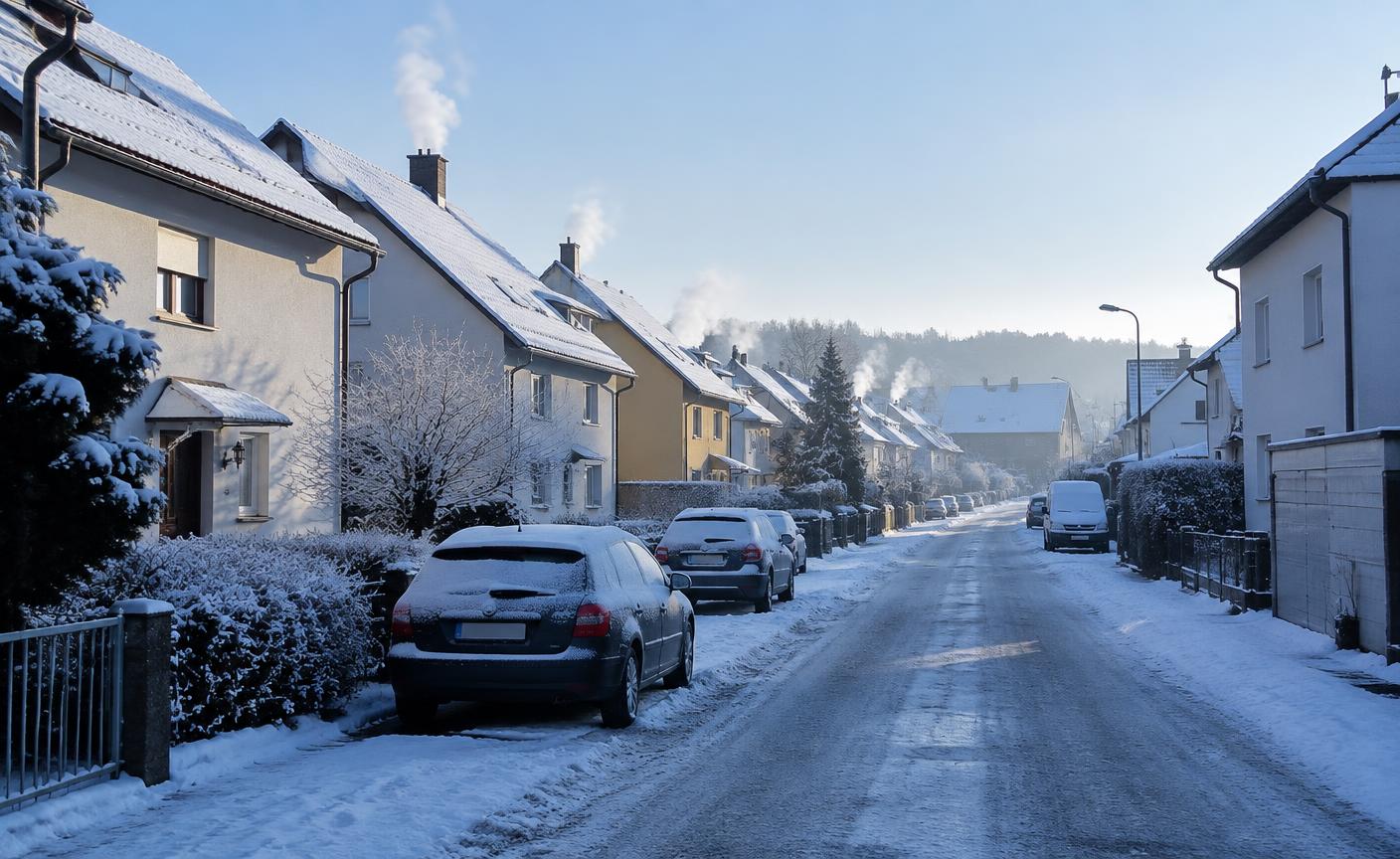 Verschneite Wohnstraße an einem kalten Wintermorgen
